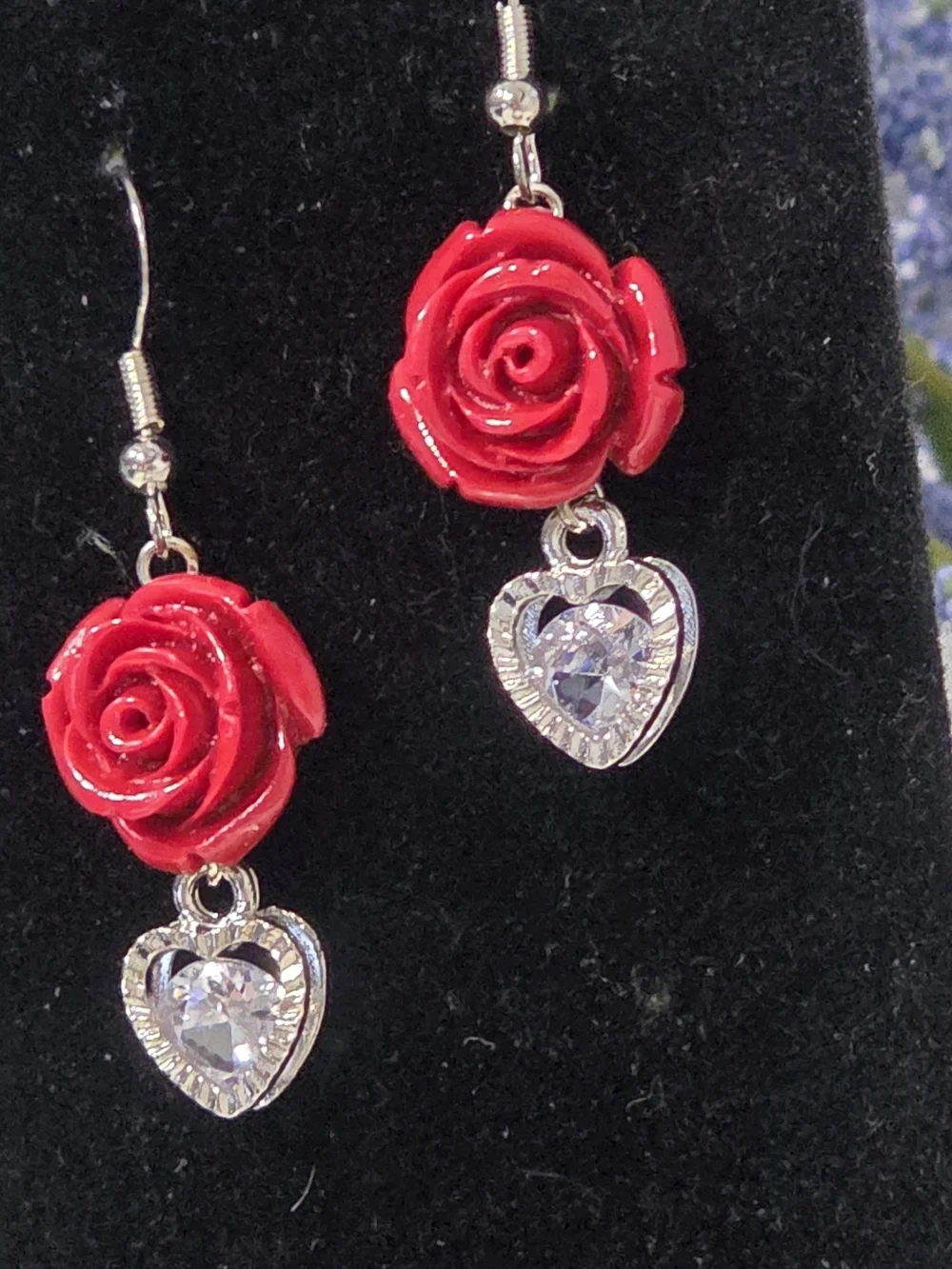 Hand Crafted Red Rose And Cubic Zirconia Earrings